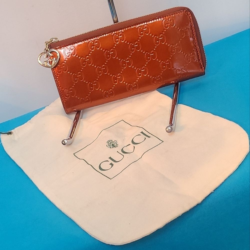 Gucci Guccissima GG Canvas Patent Leather Zip Around Wallet